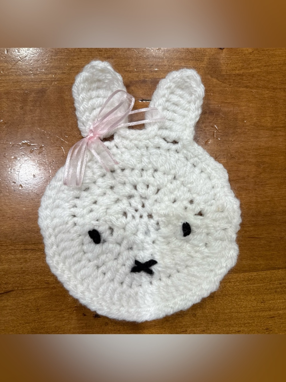 Brand New Handmade Crochet Miffy Coaster White With Pink Bow